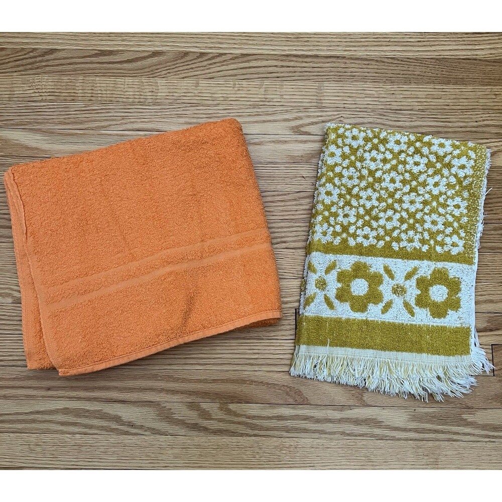 VTG Cannon/Monticello Bath & Hand Towel USA Cotton Orange Yellow White Floral